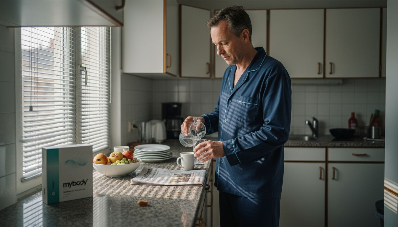 Ein Mann bereitet am Morgen Wasser in der Küche zu.
