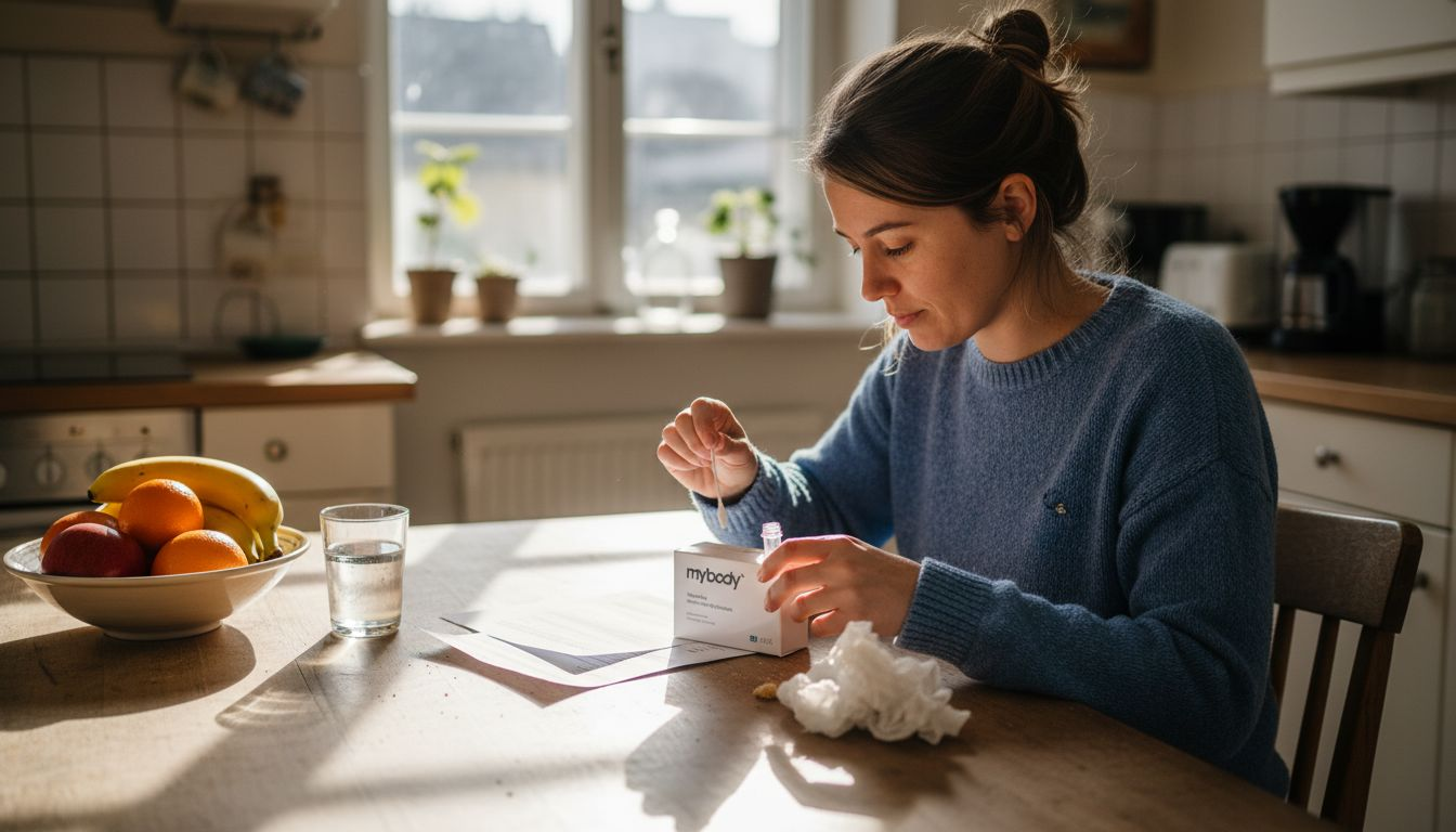 Eine Frau führt in ihrer Küche einen Mikrobiom-Test durch.