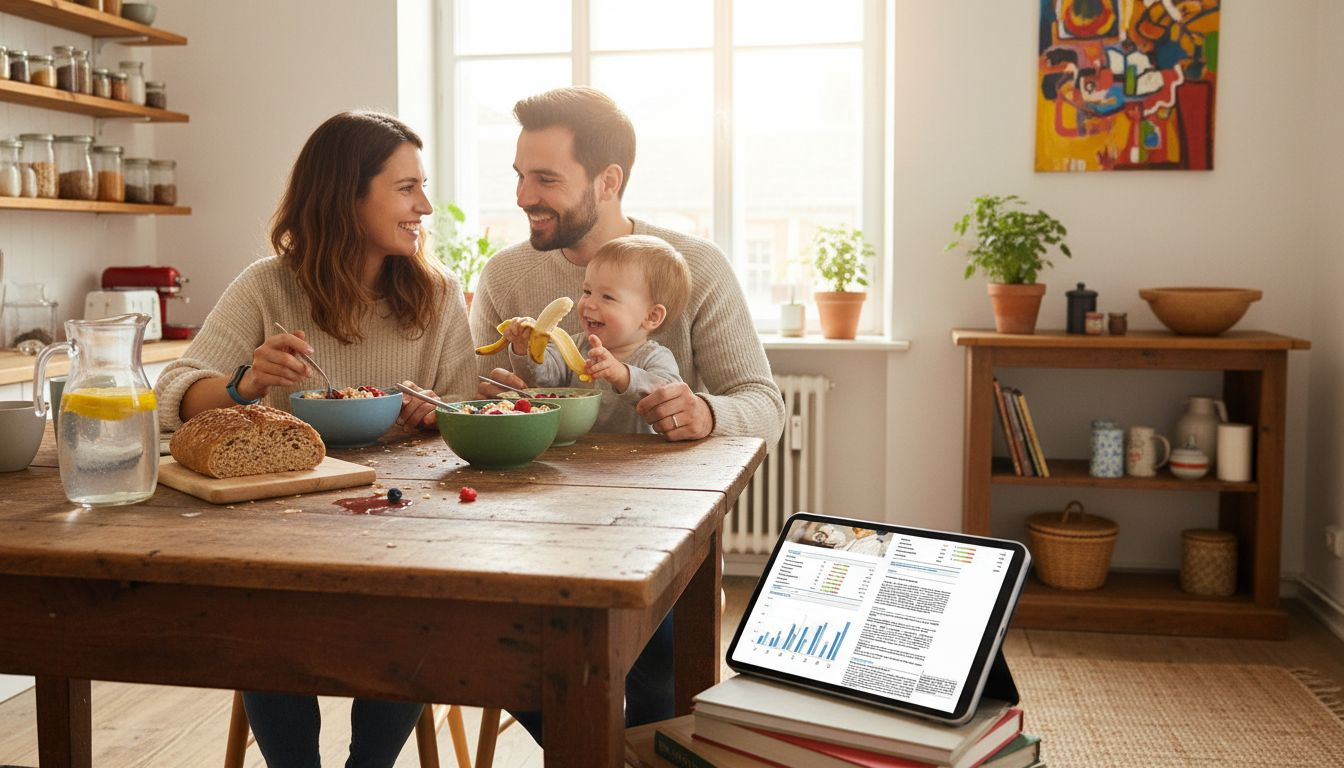 Eine Familie genießt gemeinsam ein ausgewogenes Frühstück in ihrer hellen Küche.