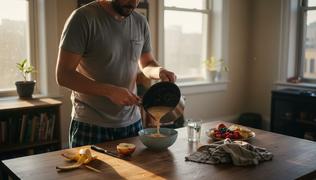 Ein Mann bereitet in seiner sonnendurchfluteten Küche ein gesundes Frühstück zu.