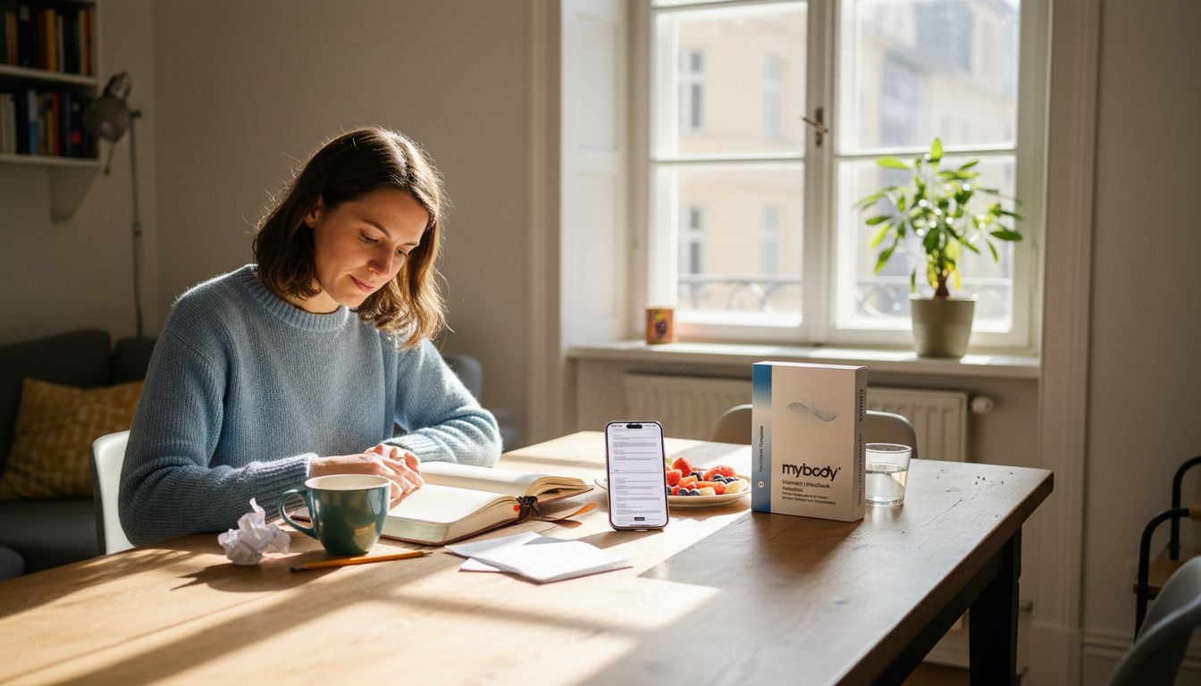 Eine Frau führt ein Tagebuch, um ihre hormonelle Gesundheit im Blick zu behalten.