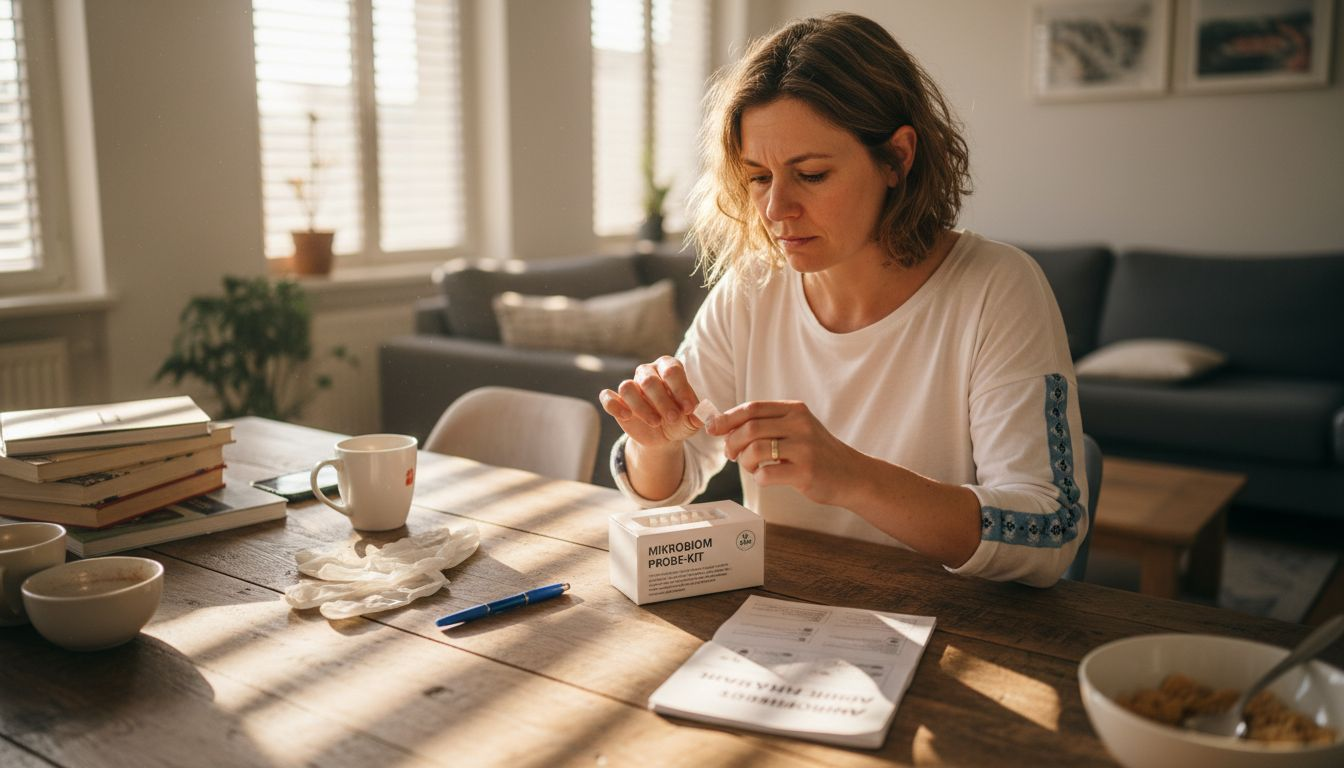 Eine Frau richtet am Küchentisch ihr Mikrobiom-Testkit zurecht.