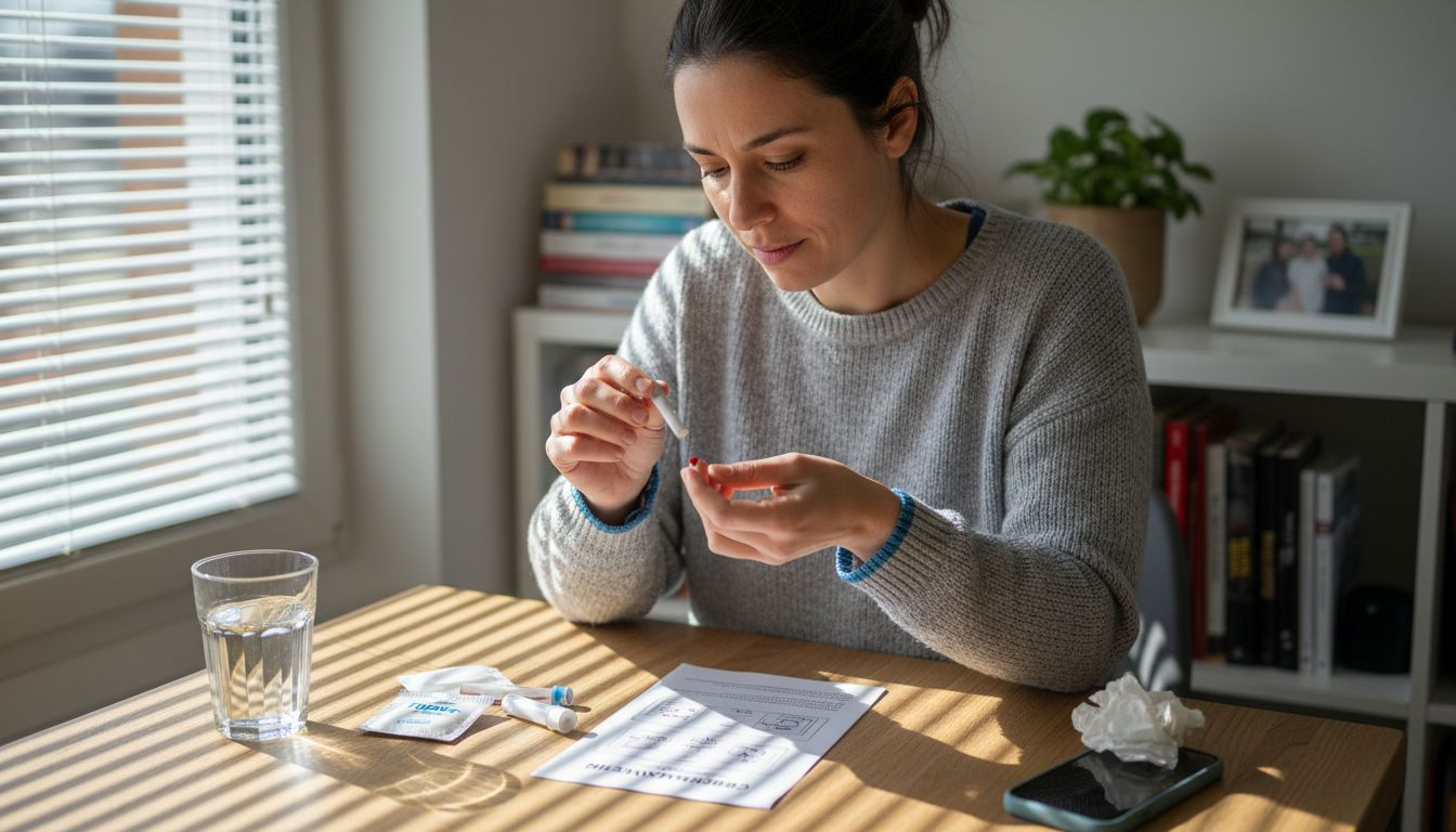 Eine Frau führt bequem zu Hause einen Mineralstoff-Check mittels Blutprobe durch.