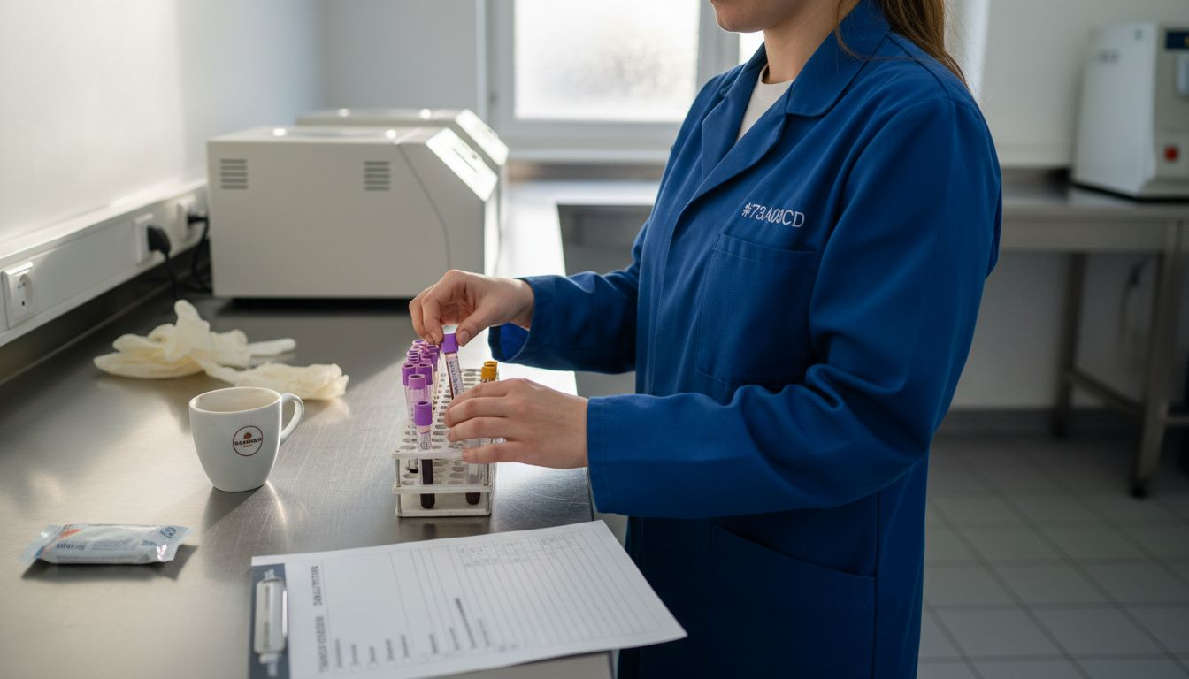 Im geschäftigen Labor nimmt eine Laborantin routiniert eine Blutprobe ab.