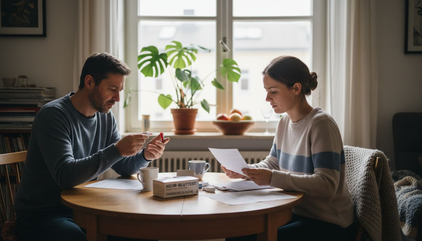 Ein Paar führt einen Gesundheitstest bequem zu Hause durch.