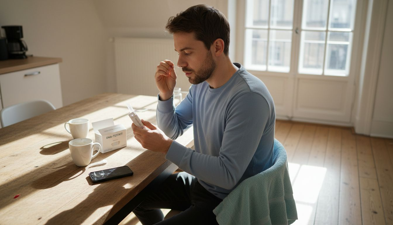 Ein junger Mann macht einen DNA-Test bequem zu Hause.