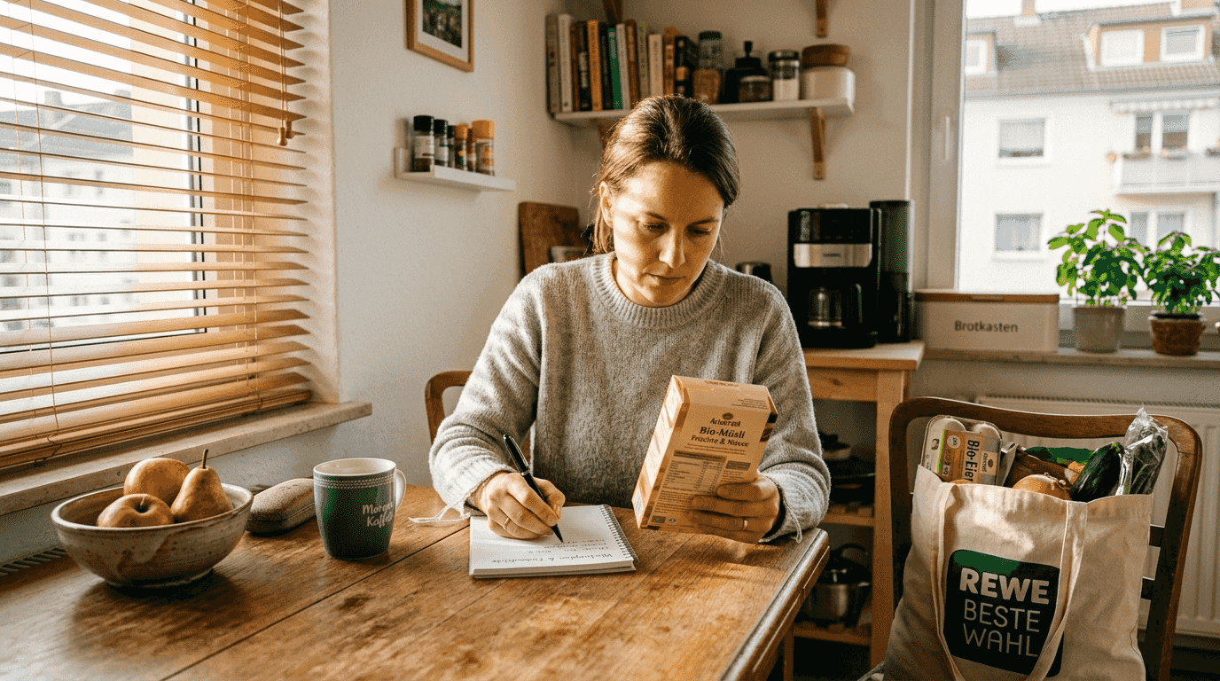 Eine Frau sitzt am Küchentisch und informiert sich über Nährwerte.