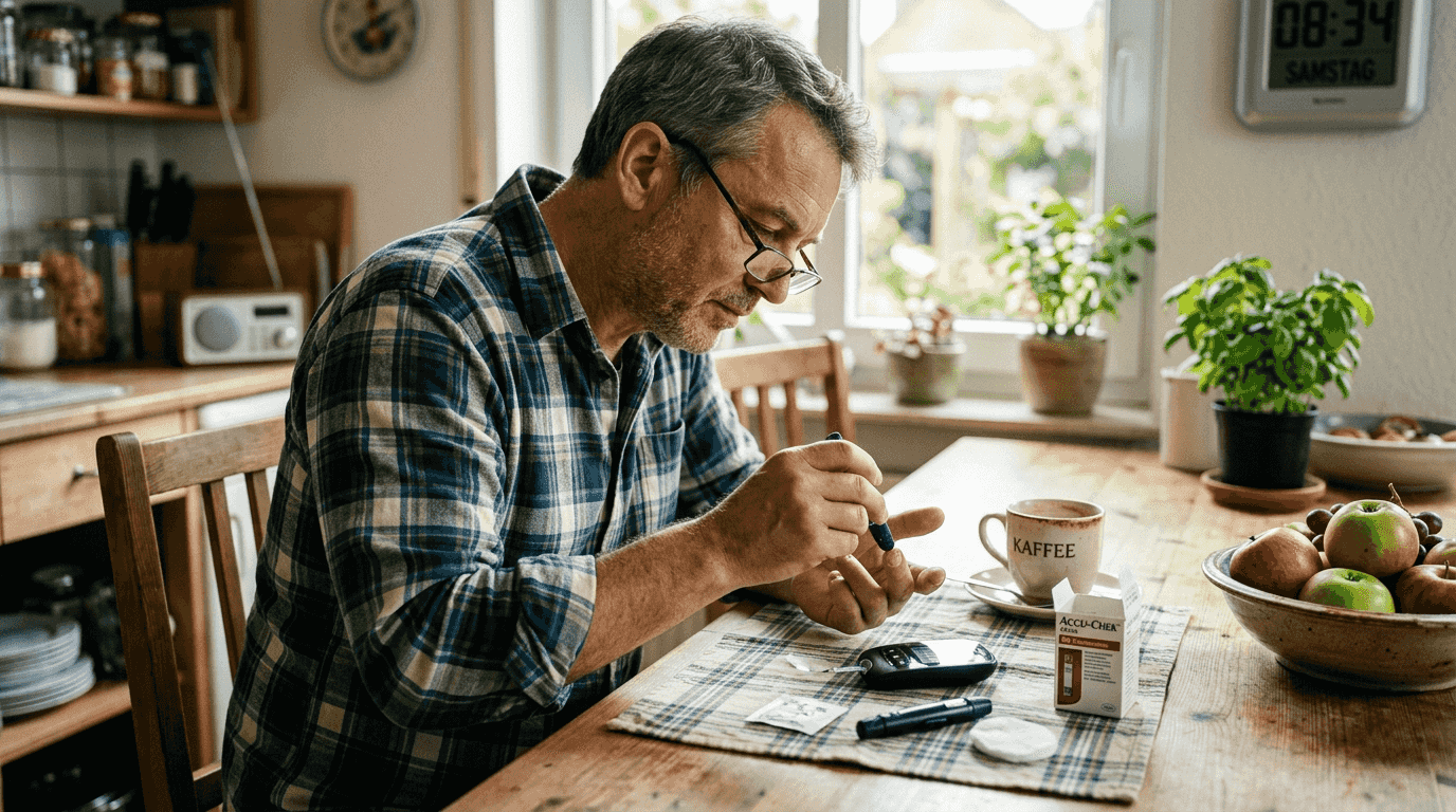 Ein Mann misst am Küchentisch seinen Blutzucker.