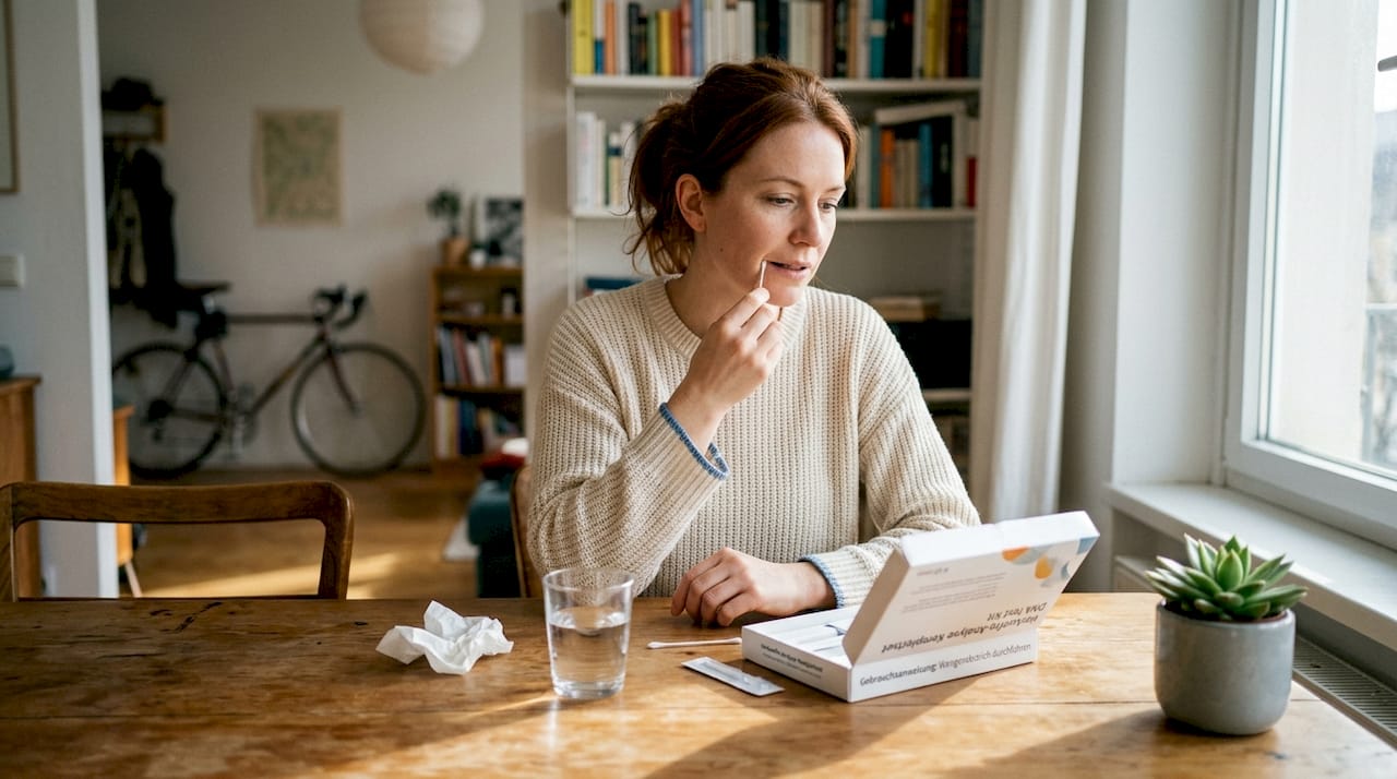Eine Frau entnimmt Zuhause mit einem Wattetupfer eine Probe aus ihrer Mundschleimhaut für einen DNA-Test.
