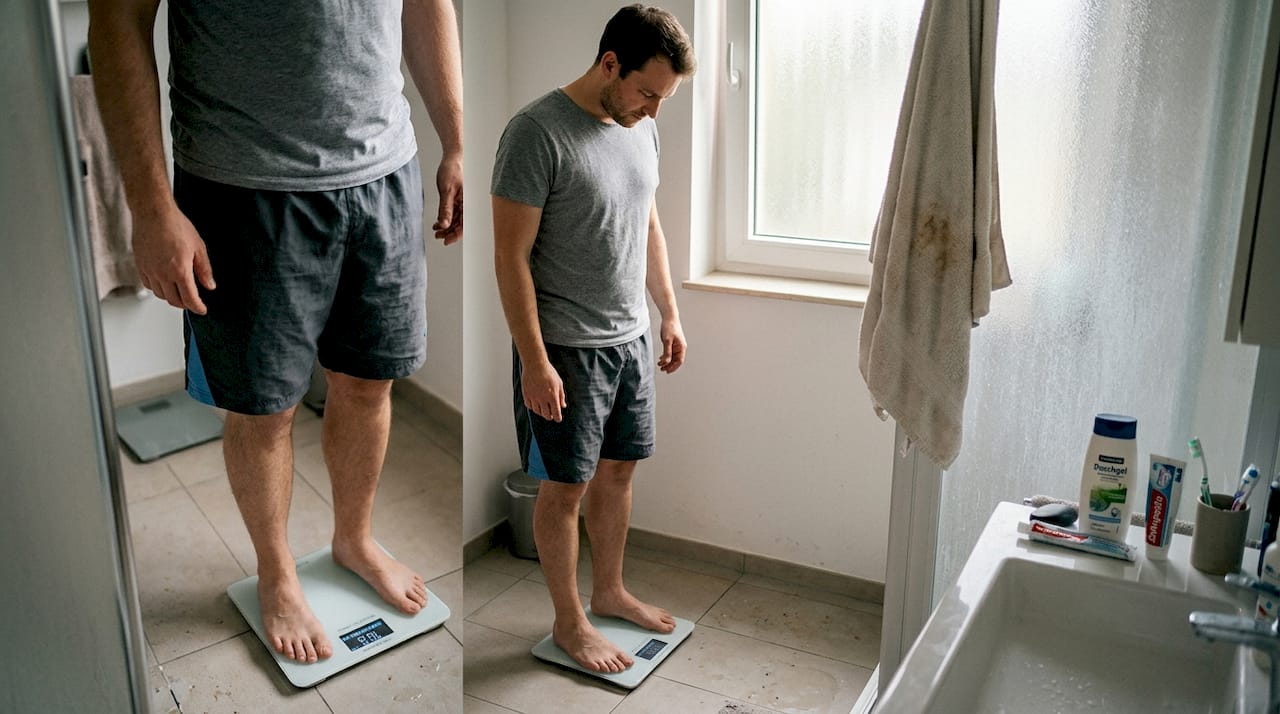 Ein Mann überprüft seinen Körperfettanteil mit einer Waage im Badezimmer.