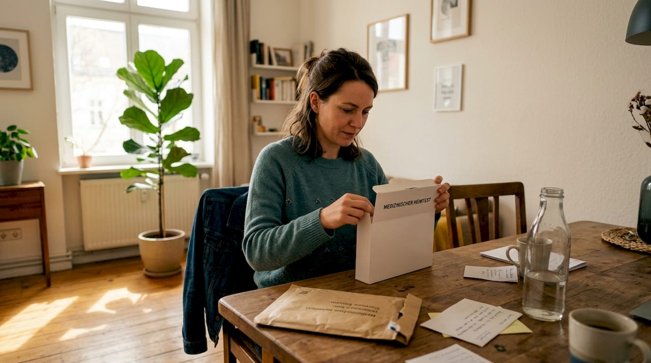 Am Küchentisch öffnet eine Frau neugierig ein Testpaket.