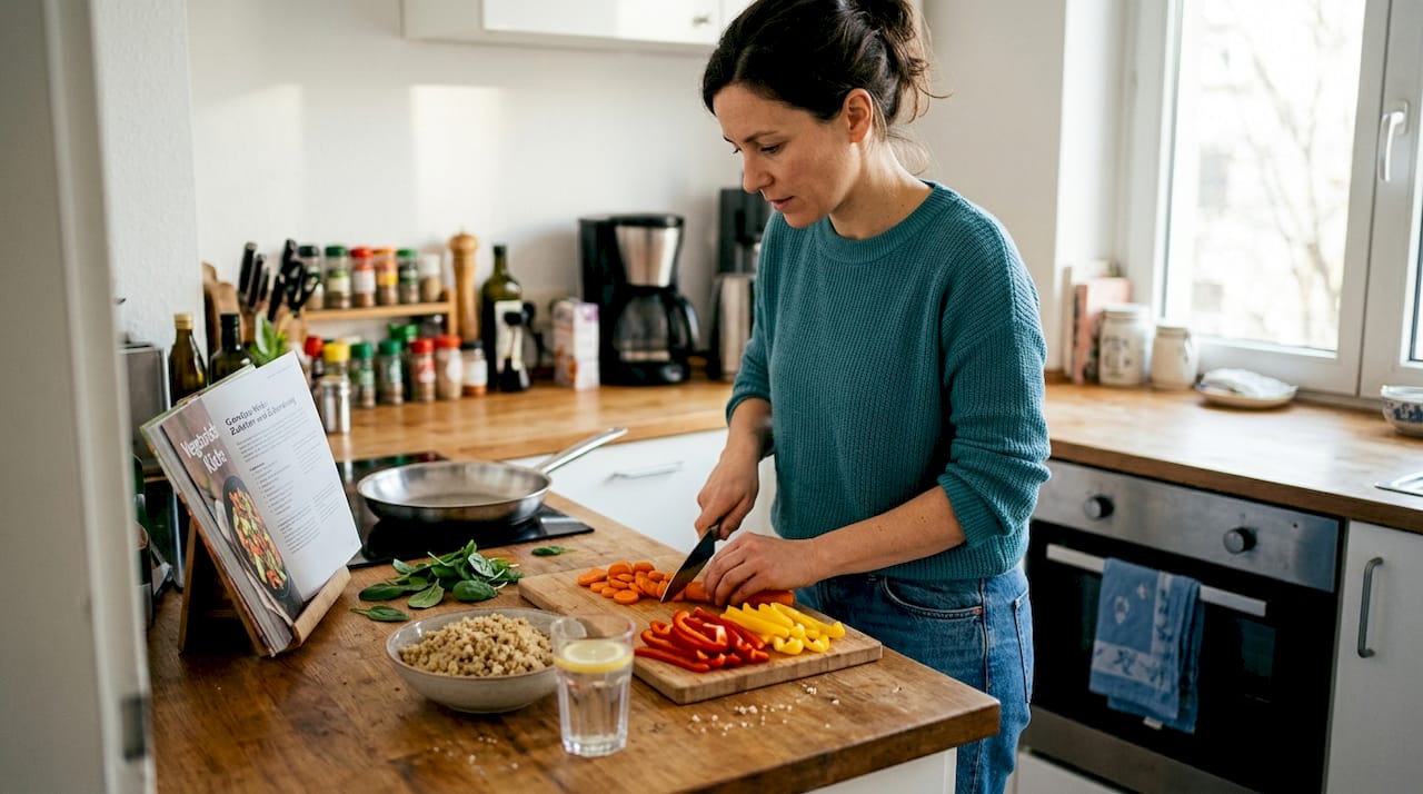 Eine Frau bereitet in ihrer Küche eine gesunde Mahlzeit zu.
