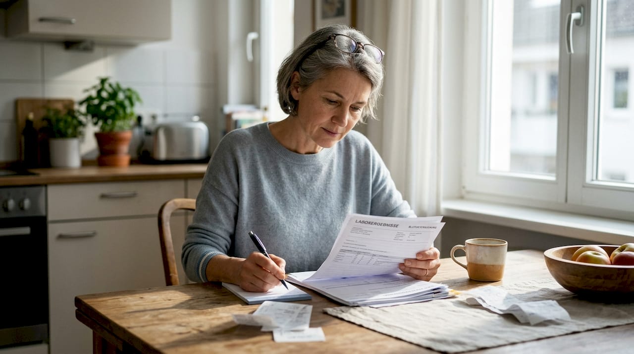 Eine Frau sitzt am Küchentisch und sortiert Unterlagen zu ihren Blutwerten.