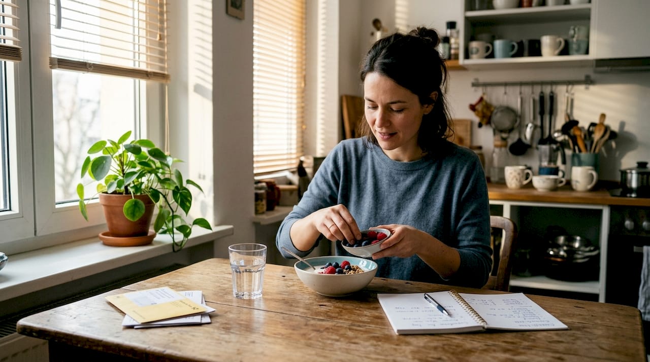 Eine Frau bereitet in ihrer hellen Küche einen frischen Joghurt mit Obst zu.