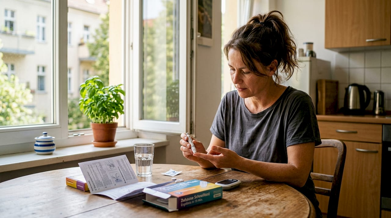 Eine Frau macht einen Selbsttest am Küchentisch.