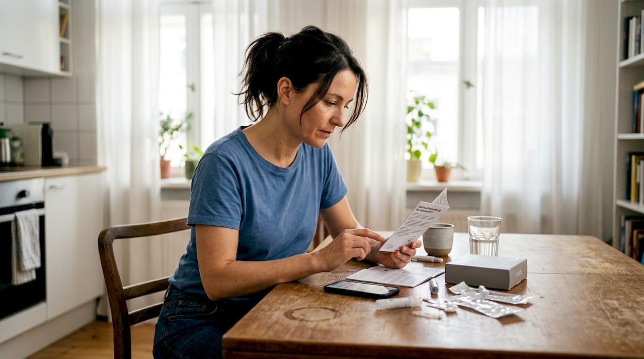 Eine Person bereitet ein Testset für einen Gesundheitstest zu Hause vor.