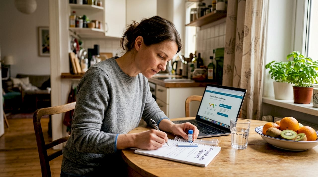 Eine Frau sitzt am Küchentisch und führt einen Vitamin-Test durch.