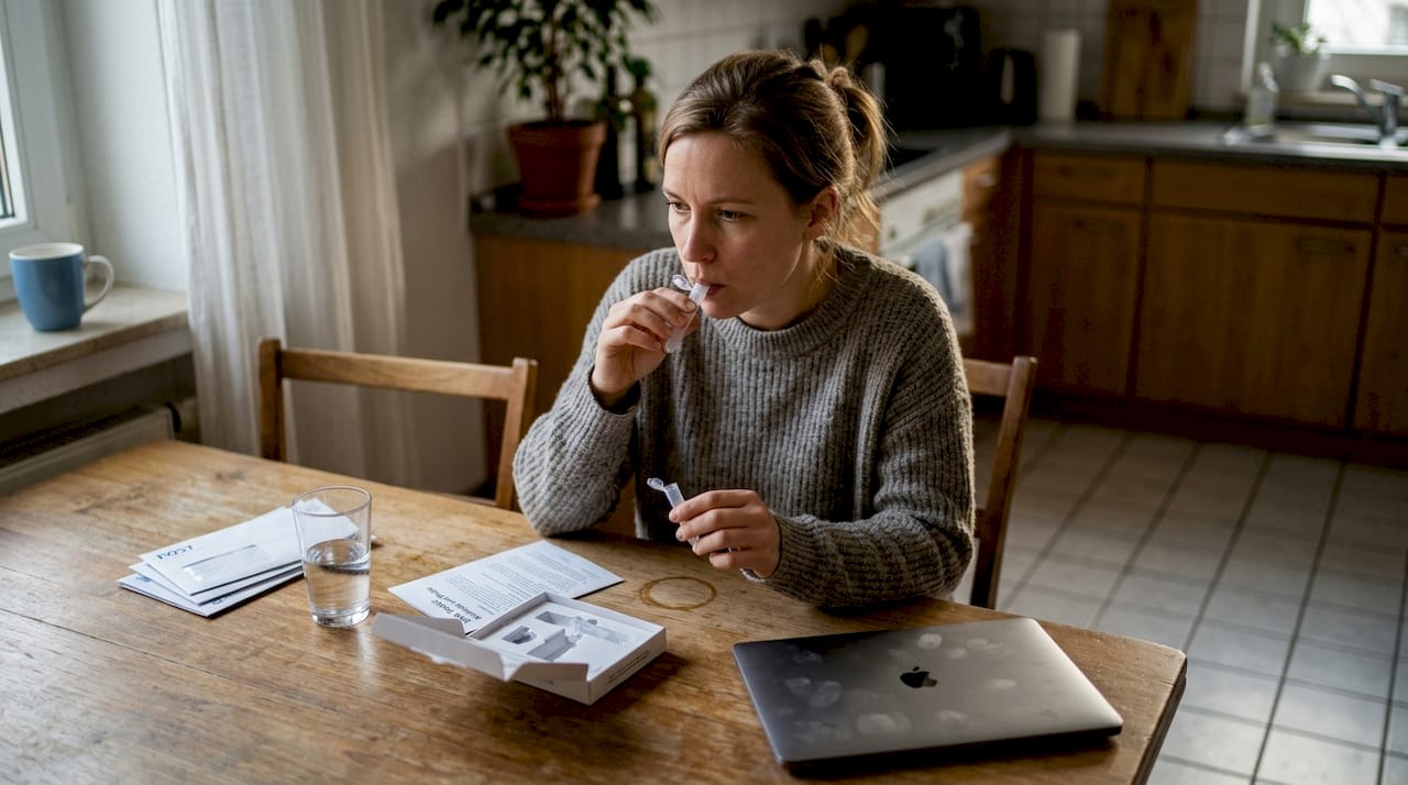 Eine Frau nimmt zu Hause eine DNA-Probe.