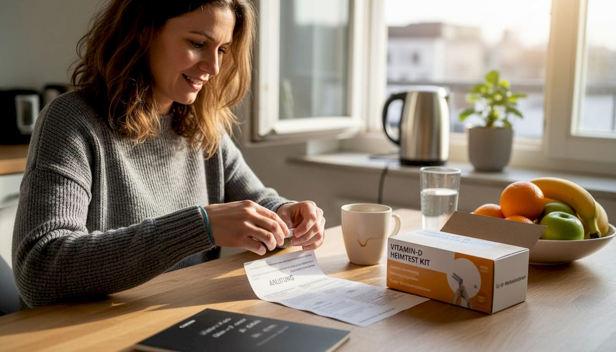 Eine Frau bereitet einen Selbsttest zur Bestimmung ihres Vitamin-D-Spiegels vor.