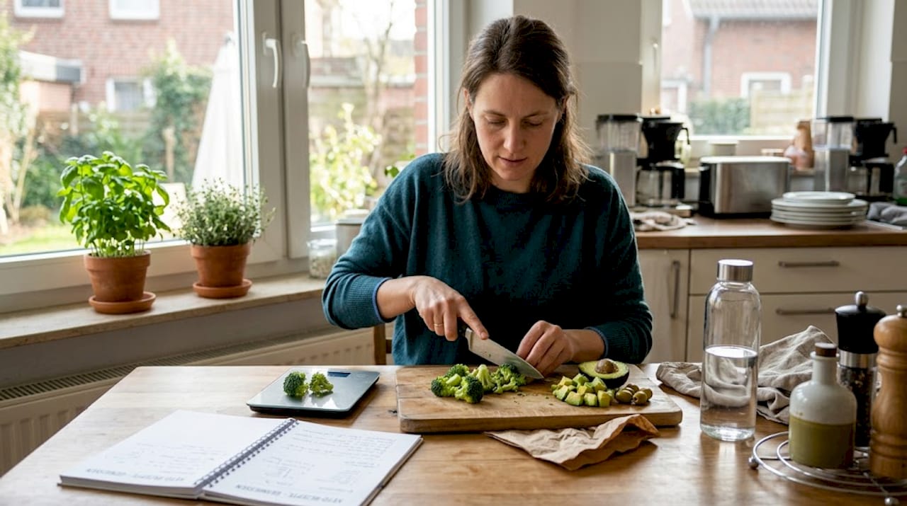 Eine Frau bereitet am Küchentisch eine Mahlzeit nach Keto-Prinzipien zu.