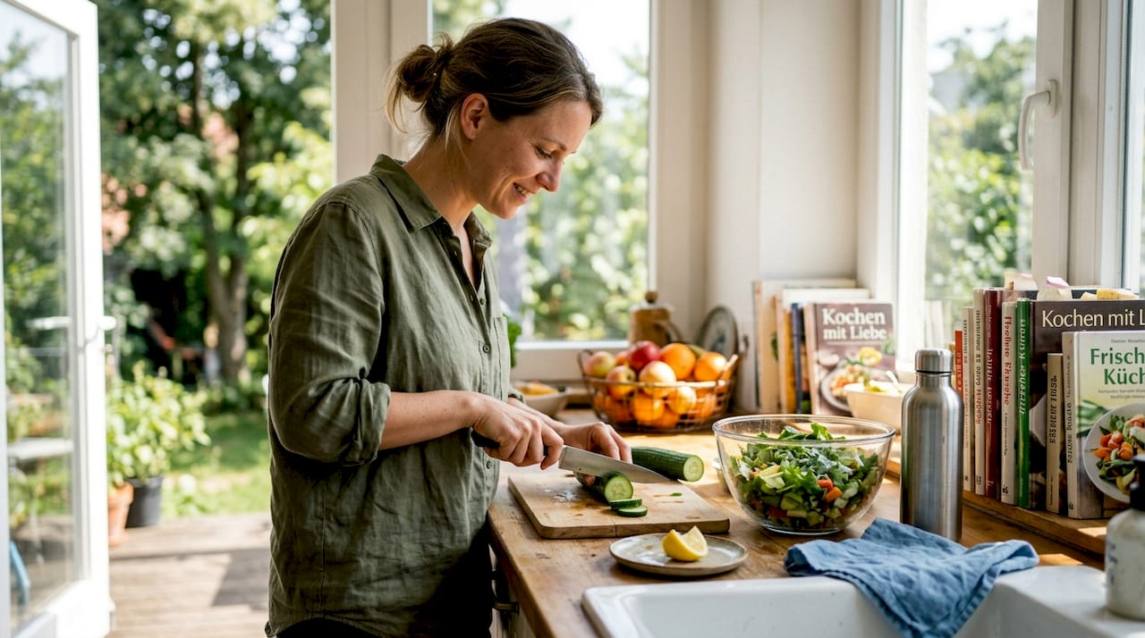Eine Frau bereitet in ihrer sonnendurchfluteten Küche einen frischen Salat zu.