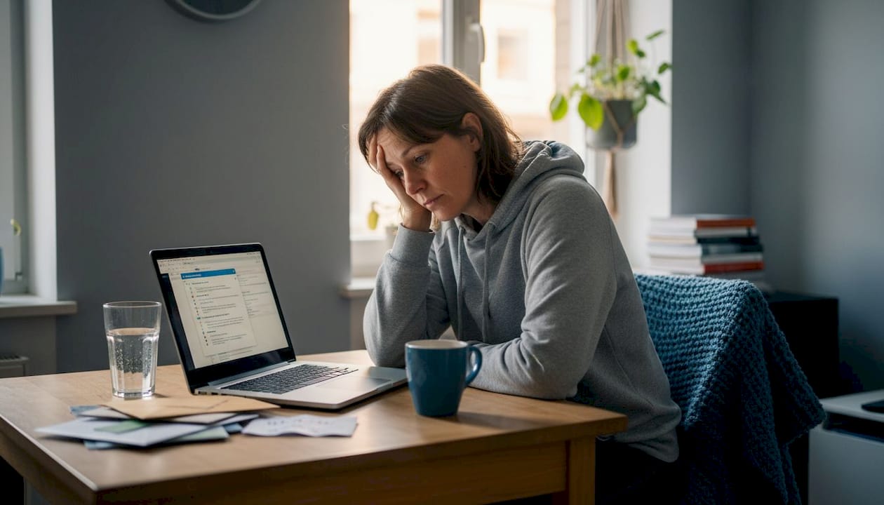 Eine Frau sitzt gestresst am Esstisch vor ihrem Laptop.