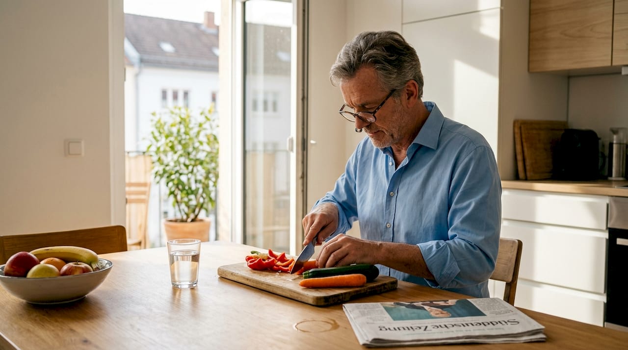 Ein Mann bereitet am Küchentisch eine gesunde Mahlzeit zu.