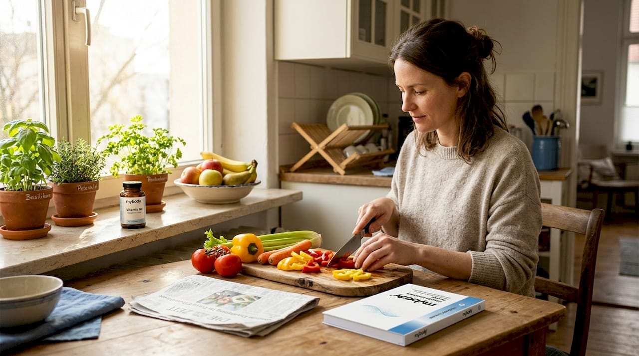 Eine Frau bereitet ein Gericht zu und achtet dabei darauf, Vitamin D3 zu integrieren.