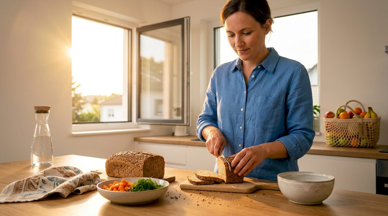 Eine Frau schneidet in ihrer Küche frisches Vollkornbrot auf.