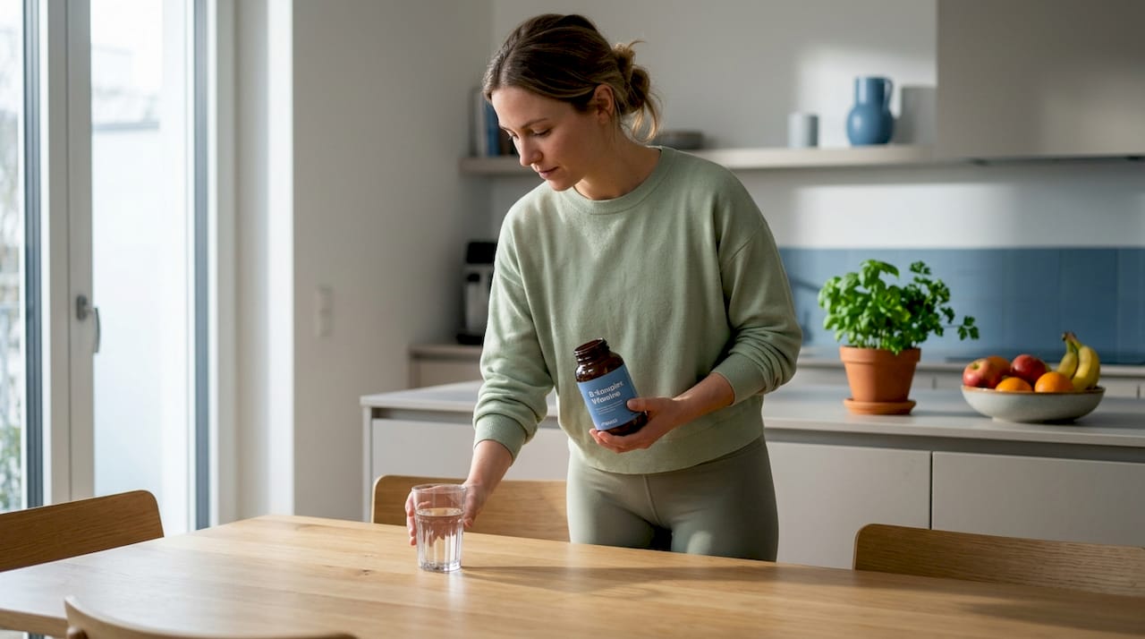 Eine Frau nimmt in ihrer Küche ein Vitamin-B-Komplex-Präparat ein.