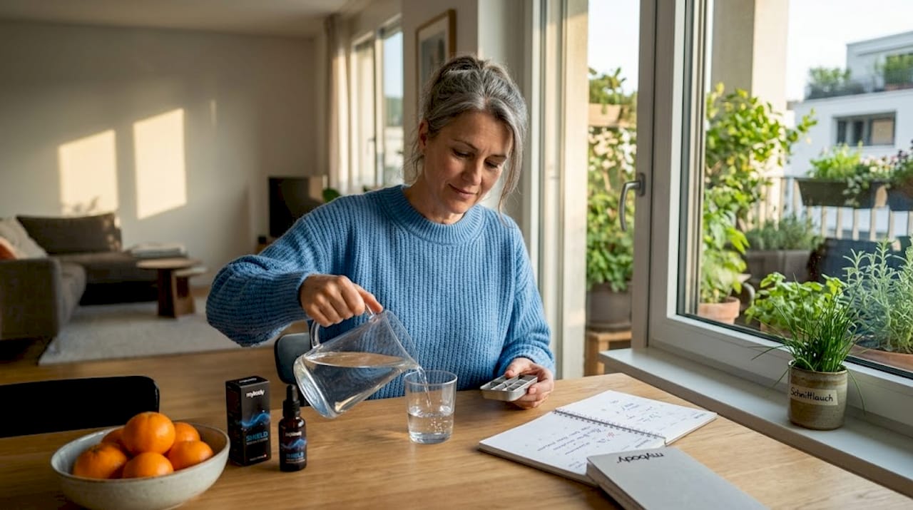 Eine Frau sortiert am Küchentisch ihre Vitamintabletten für den Tag.