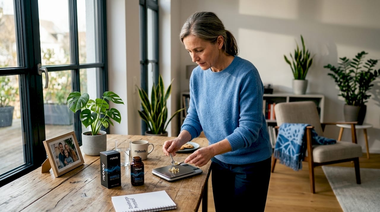 Eine Frau bereitet in ihrer Küche ihre tägliche Dosis Vitamin D3 und K2 vor.