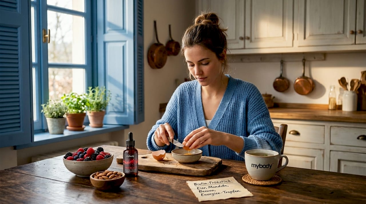 Eine Frau bereitet in ihrer Küche ein Frühstück zu, das besonders reich an Biotin ist.