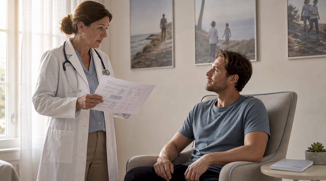 Eine Ärztin erläutert ihren Patientinnen und Patienten, wie personalisierte Medizin funktioniert.