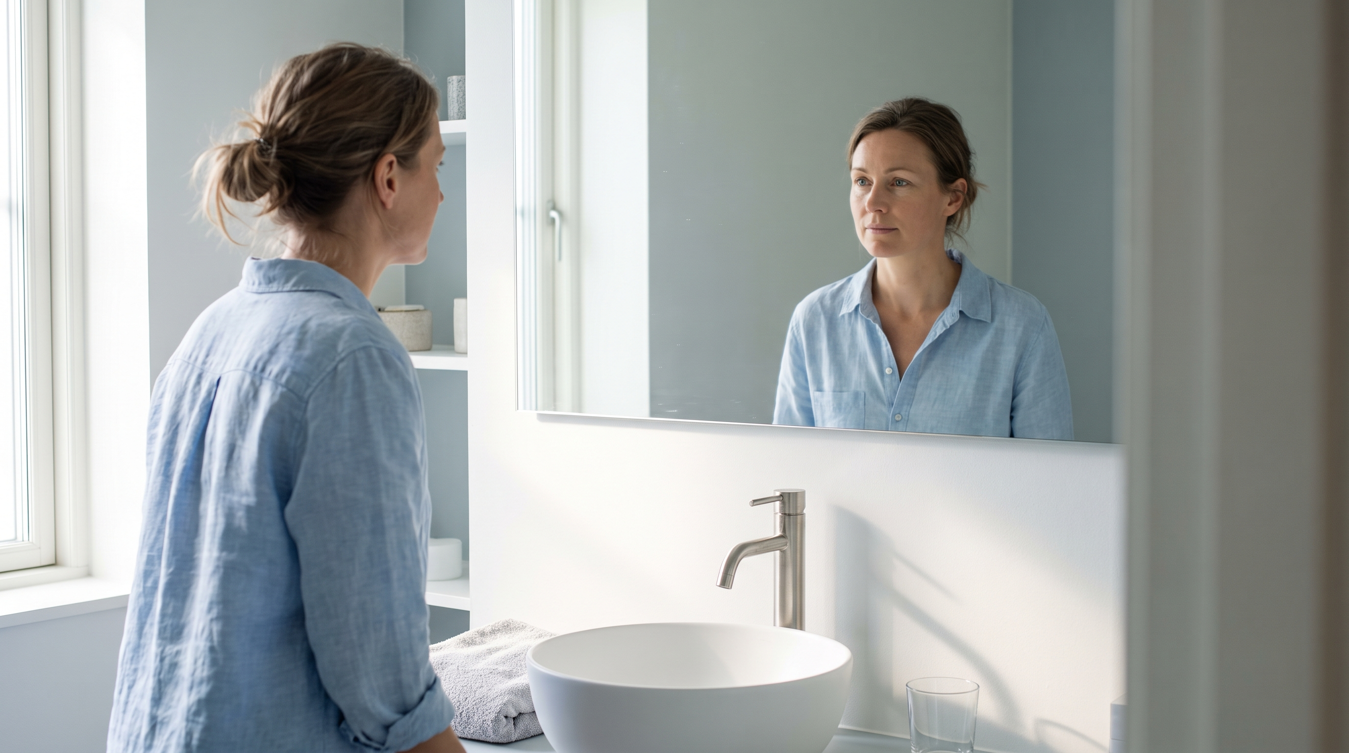 Frau steht im Morgenlicht am Waschbecken und betrachtet ruhig ihr Spiegelbild.