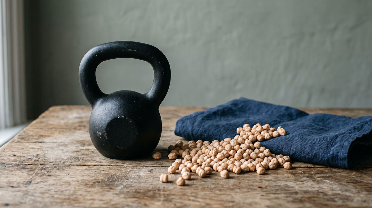 Eine gusseiserne Kettlebell neben einer Handvoll Kichererbsen und einem indigoblauen Leinentuch auf rohem Holz.