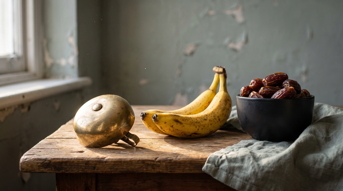 Eine Fahrradglocke aus Messing, zwei Bananen und eine dunkle Schale mit Datteln auf einem alten Holztisch.