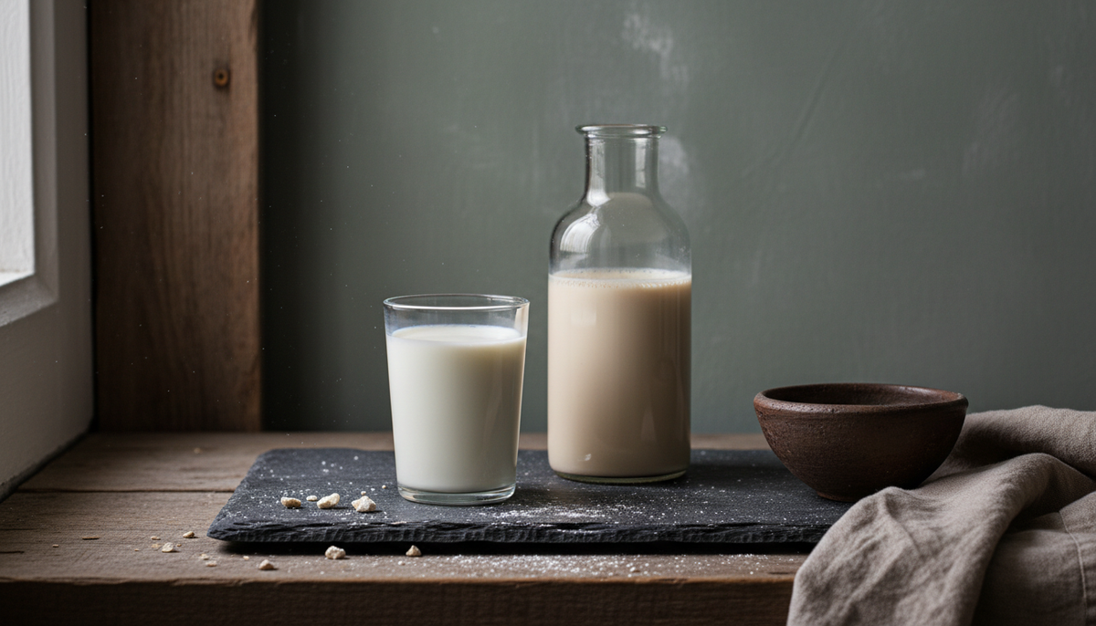 Ein Glas Milch neben einer Karaffe Haferdrink auf dunkler Schieferplatte