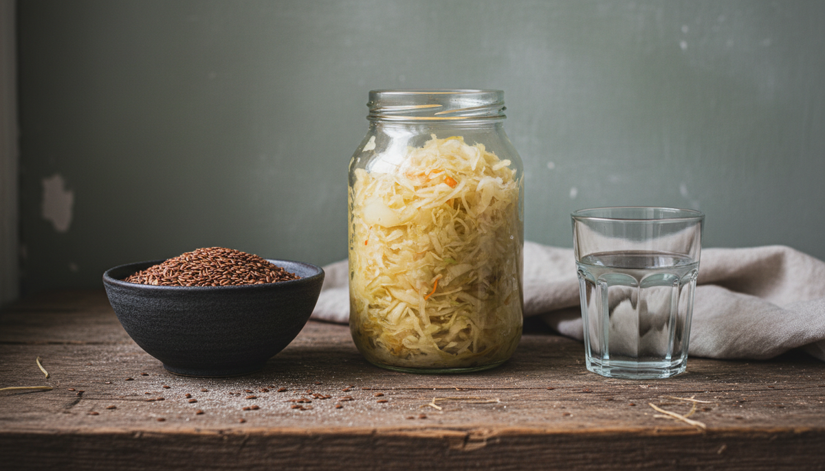Sauerkraut im Glas, dunkle Schale mit Leinsamen und ein Wasserglas auf verwittertem Holz