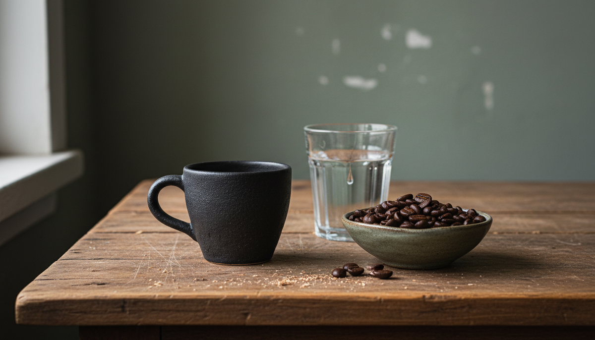 Dunkle Espressotasse, ein Glas Wasser und eine Schale gerösteter Kaffeebohnen auf altem Holztisch