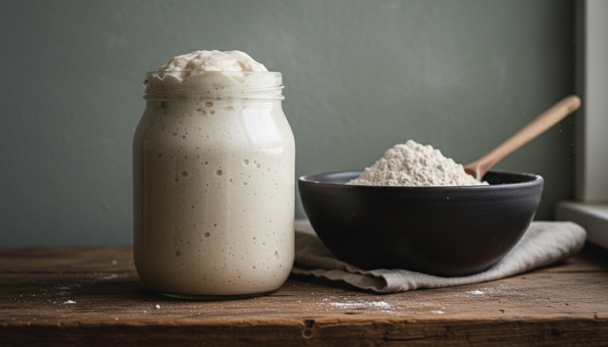 Ein Glas mit aufgegangenem Sauerteig-Ansatz, daneben eine dunkle Keramikschale mit Mehl und ein Holzlöffel auf verwittertem Holz