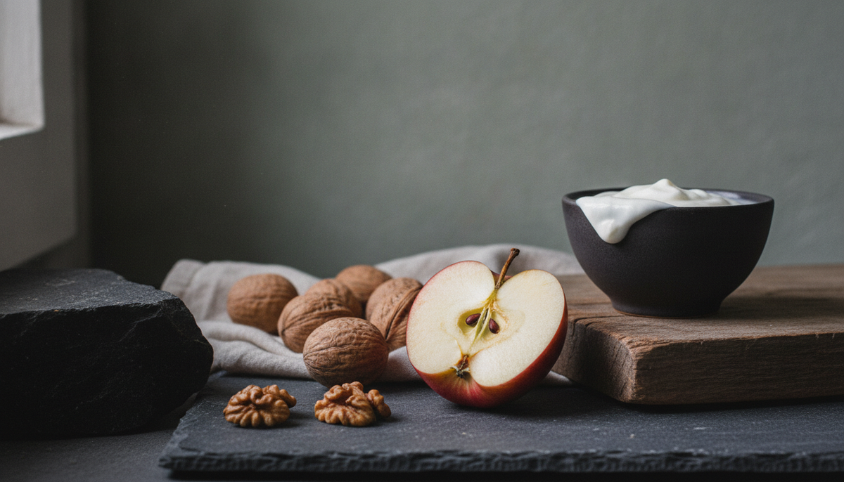 Halbierter Apfel und Walnüsse neben einer dunklen Schale Naturjoghurt auf Schiefer