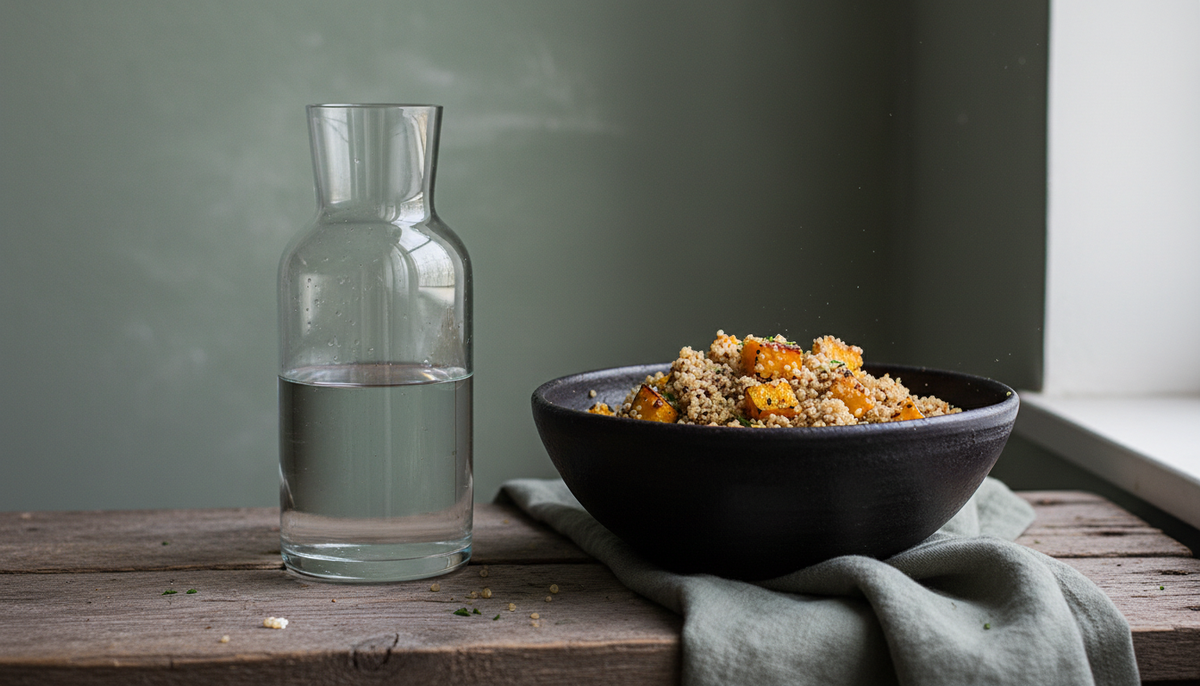 Klare Glaskaraffe mit Wasser neben einer dunklen Keramikschale mit Quinoa und geröstetem Kürbis