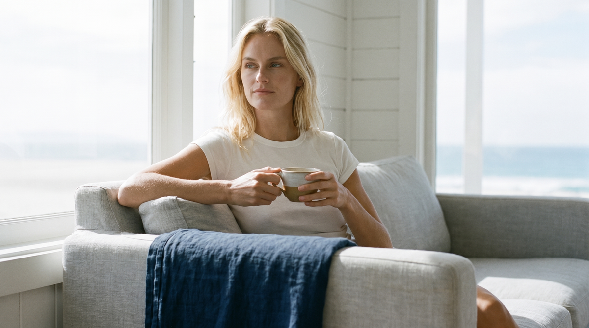 Frau mit blondem Haar sitzt mit einer Tasse Tee auf einem hellgrauen Sofa am Fenster