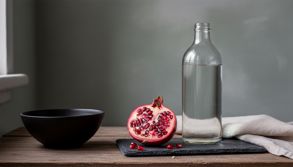 Aufgeschnittener Granatapfel auf dunklem Schiefer neben einer Glasflasche Wasser und einem gefalteten Handtuch