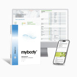 AllergoCheck von mybody®x: Titelseite der Auswertung, dahinter Bildschirm und Handy mit Beispielseiten