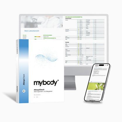 AllergoCheck von mybody®x: Titelseite der Auswertung, dahinter Bildschirm und Handy mit Beispielseiten