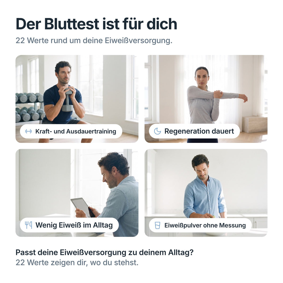 PerformanceCheck passt bei Kraft- und Ausdauertraining, langer Regeneration, wenig Eiweiß und Eiweißpulver