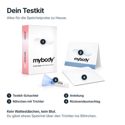 Testkit des Anti-Aging SKINCARE DNA-Tests: Schachtel, Anleitung, Speichelröhrchen mit Trichter und Umschlag