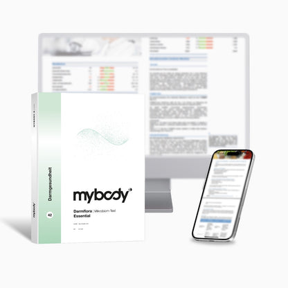 Darmflora-Test Essential von mybody®x: Titelseite der Auswertung, dahinter Bildschirm und Handy mit Beispielseiten